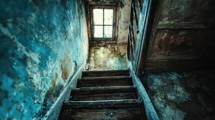 Decaying wooden staircase in a dilapidated building