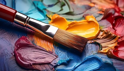 paintbrush rests on a textured multicolored palette of oil paints