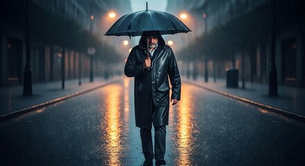 Man walking in the rain with an umbrella at night