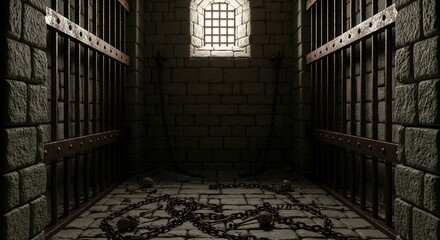 Medieval dungeon cell with rusty chains and skulls