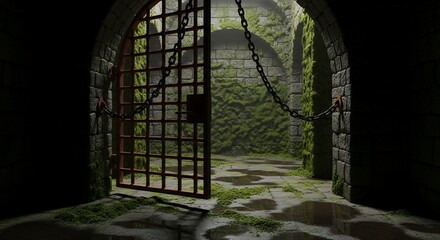 Medieval Dungeon Entrance with Mossy Stone Walls and Open Gate