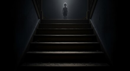 Mysterious Child Figure Standing on Creaky Old Wooden Stairs in a Dark House