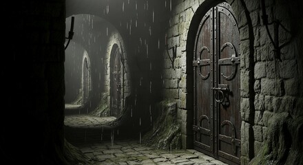 Medieval Stone Corridor Rain Old Doors Dark Fantasy Mysterious Passage