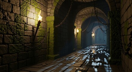 Medieval Stone Corridor with Chains and Torches