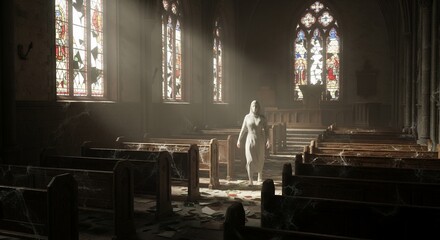 Mysterious Figure in Abandoned Church with Broken Windows