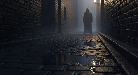Mysterious Figure in a Rainy Alleyway at Night