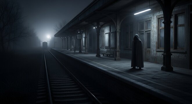 Mysterious Figure at Night Train Station