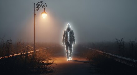 Mysterious Figure Walking Alone at Night on a Foggy Road