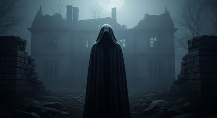 Mysterious hooded figure at night near ruins