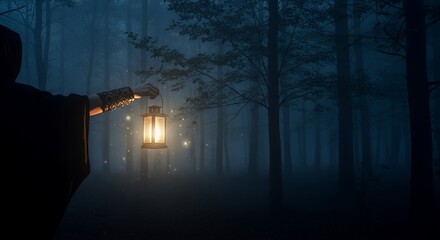 Mysterious Forest at Night with Lantern