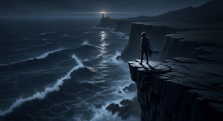 Nighttime Seascape Lone Figure on Clifftop with Lighthouse in Distance