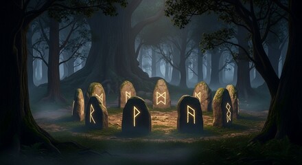Mystical Forest Rune Stones Circle at Night