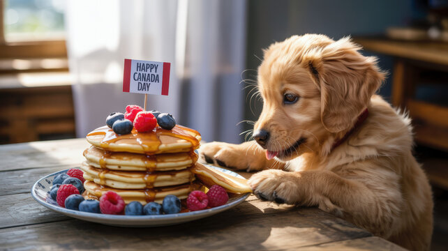 Golden retriever puppy enjoying pancakes on wooden table - Powered by Adobe