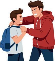 Obraz premium Aggressive young man bullying schoolboy with backpack in red hoodie showing anger and confrontation vector illustration