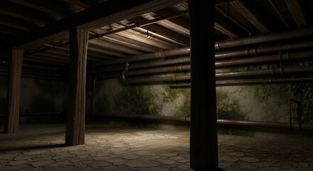 Spooky Basement with Rusty Pipes and Wooden Beams