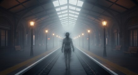Spooky Figure Disintegrating on Train Platform at Night