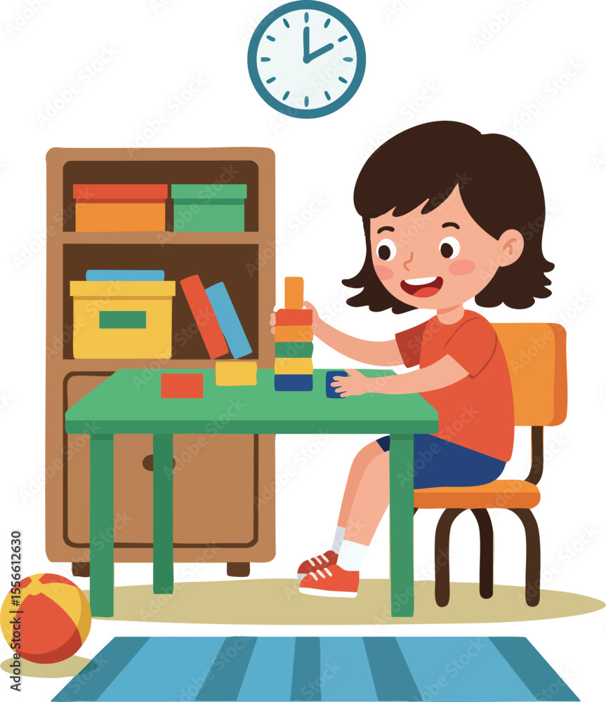 Aufkleber child playing with colorful blocks at home table with bookshelf and clock in cozy room vector illust