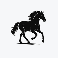 A black silhouette of a galloping horse with flowing mane and tail, isolated on a white background