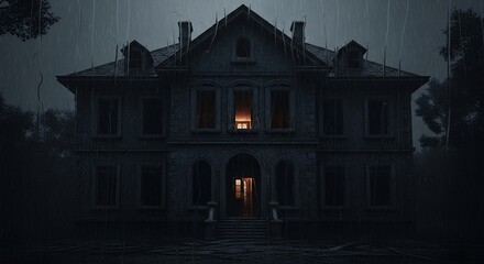 Spooky Mansion in the Rain at Night