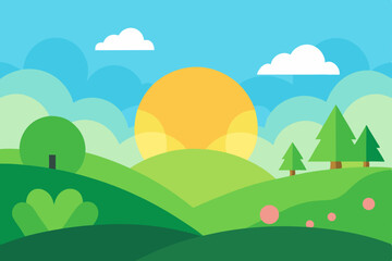 Serene Sunrise Landscape Picturesque Hills, Green Trees, and a Golden Sun