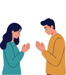 Fototapeta premium Man and woman facing each other with hands pressed in respectful greeting gesture vector illustration