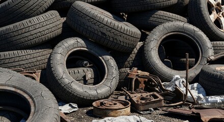 Stack of wornout tires and rusty car parts