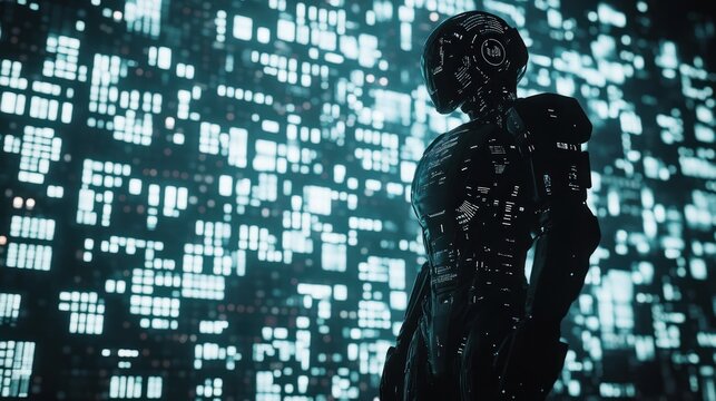 Futuristic robot against a digital backdrop