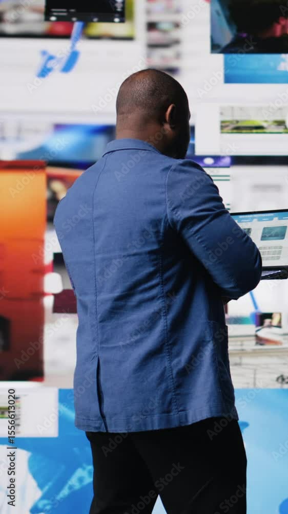 Poster vertical video black high tech person exploring digital world through web platforms, reflecting tren