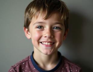 A bright-eyed young boy beams a cheerful smile, revealing his playful spirit in a comfortable indoor space. His charm brings warmth to the setting on this delightful day Generative AI