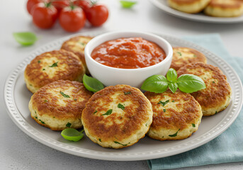 Golden brown chicken cutlets served with tomato sauce and fresh basil on a white plate
