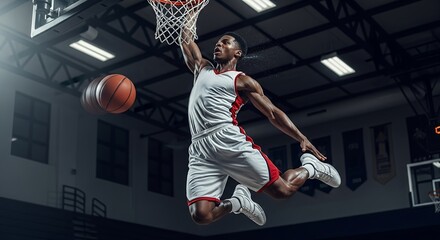 Athletic man dunking basketball in indoor court