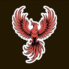 Never Back Down—rising phoenix design, intense red-orange scheme, with thick white sticker-style outline around the design, solid black background, high contrast, centered composition