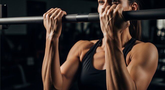 Closeup of muscular arms performing pullups on a gym bar