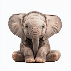 Fototapeta premium A cute baby elephant sits facing forward, showing detailed wrinkles and big ears against a white background.