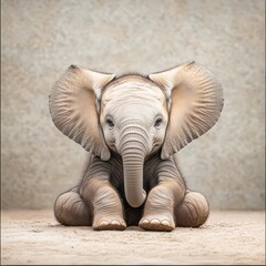 A cute baby elephant sitting on the ground, looking directly at the camera with large ears spread wide.