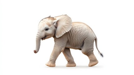 Fototapeta premium A cute young elephant calf walking on a white background, showcasing its wrinkled skin and large ears.