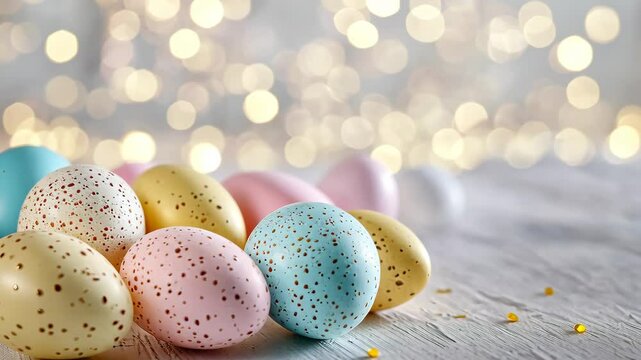 Sparkling easter eggs on rustic wooden surface with twinkling light bokeh background