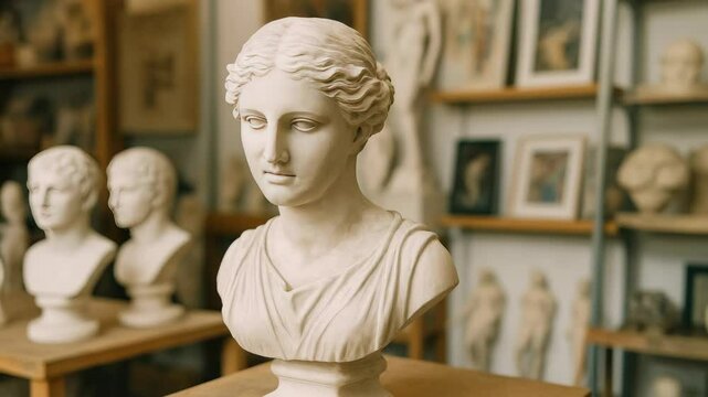 Close-up video of a classical marble bust in an art studio, showcasing detailed sculpture work with a soft focus background of more statues.