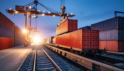 Obraz premium Container Stacking and Freight Loading at Dusk in a Shipping Yard with Cranes