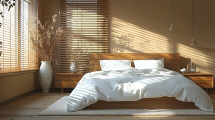 Obraz premium Sunlit bedroom interior with wooden bed and blinds.