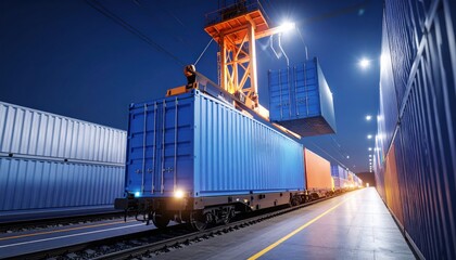 Container Shipping Operation at Night with Crane Lifting Cargo in Freight Yard