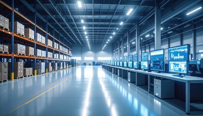 Modern Warehouse Interior Featuring Monitors and Organized Storage Space