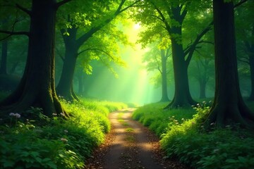 Naklejka premium Sun-Dappled Forest Path Magical Woodland Scene with Peaceful Sunlight Filtering Through Lush Green Leaves, Perfect for Fantasy and Fairytale Themes