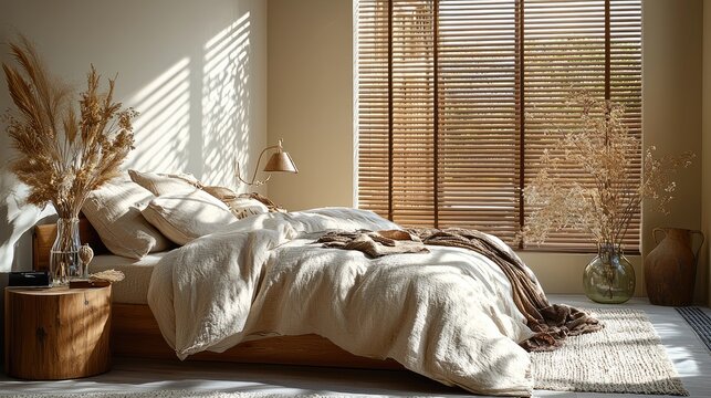 A bedroom with a natural and warm aesthetic. - Powered by Adobe
