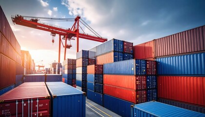 Industrial port with colorful shipping containers and cranes under a vibrant sky