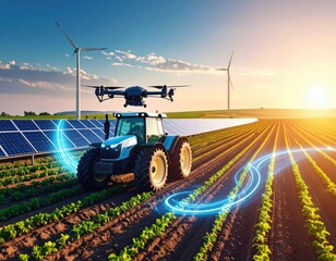 Modern Agriculture Scene with Tractor, Drone, Solar Panels, and Wind Turbines at Sunset