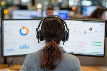 Call center agent working with crm dashboard in modern call center