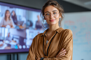 Businesswoman hosting live webinar businesswoman presenting online web