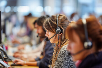 Customer service agent delivering customer service in busy call center
