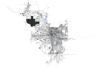 South Bend map featuring highways, buildings, and waterways. Clean vector design, suitable for city landscape visualization.